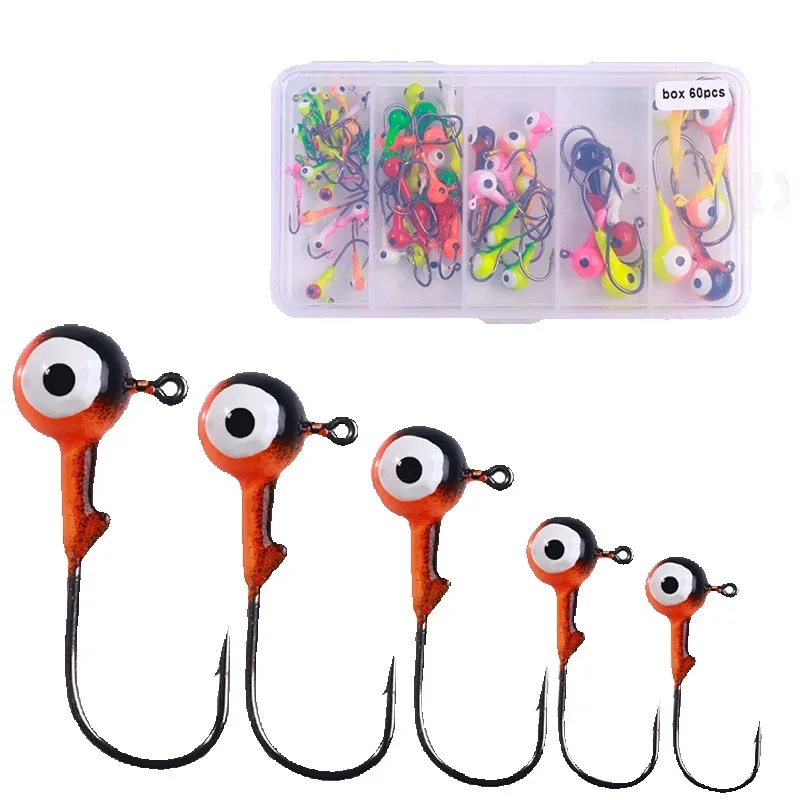 

60/70PCS Colorful Lead Head Hook Box Pack Reinforced Soft Worm Hooks for Croaker, Perch, Bass, Ice Fishing Lures Set