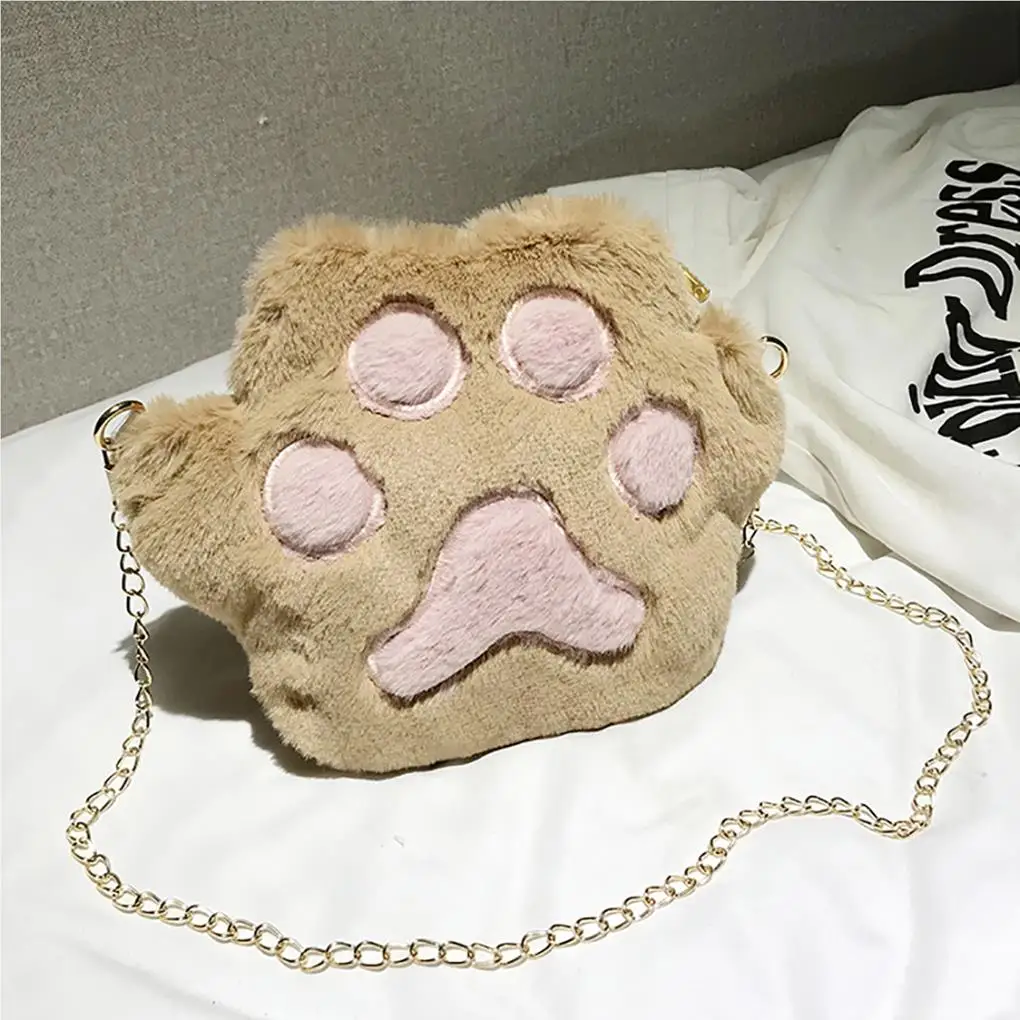 Cute Girls Plush Bear Paw Chain Bag Winter Warm Plush Crossbody Bag Fashion Animal Women Shoulder Bag