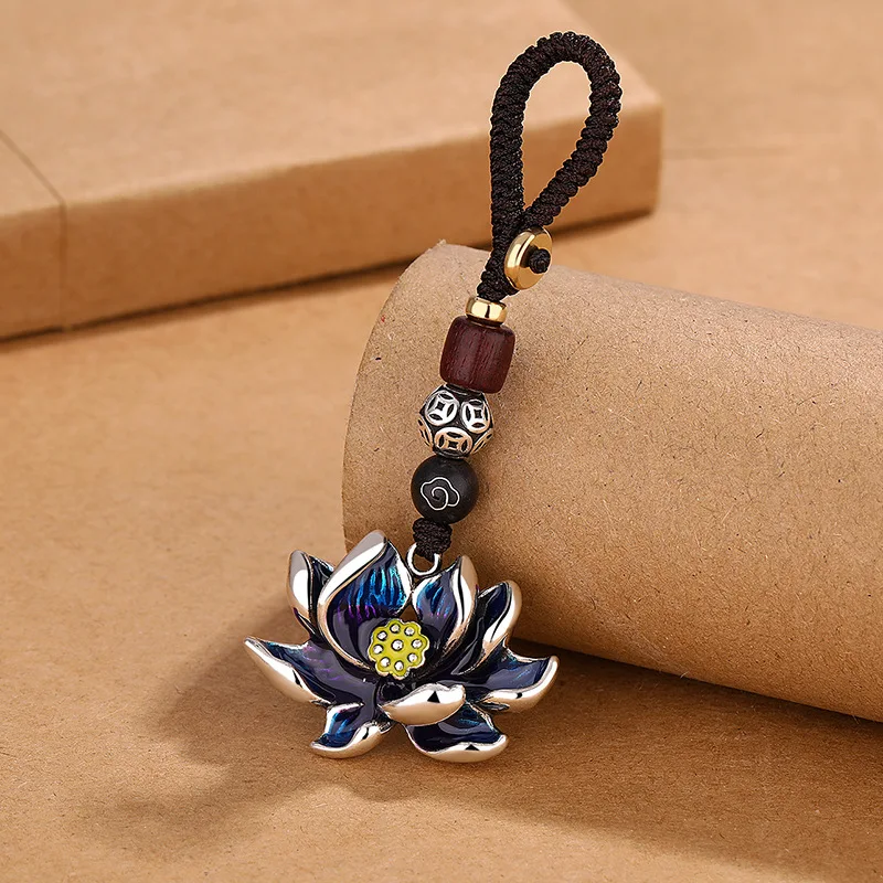 Retro Colored Lotus Pendant Car Accessories Auspicious Clouds Bead Braide Rope Keychain Gift For Men Women Blessing Jewelry