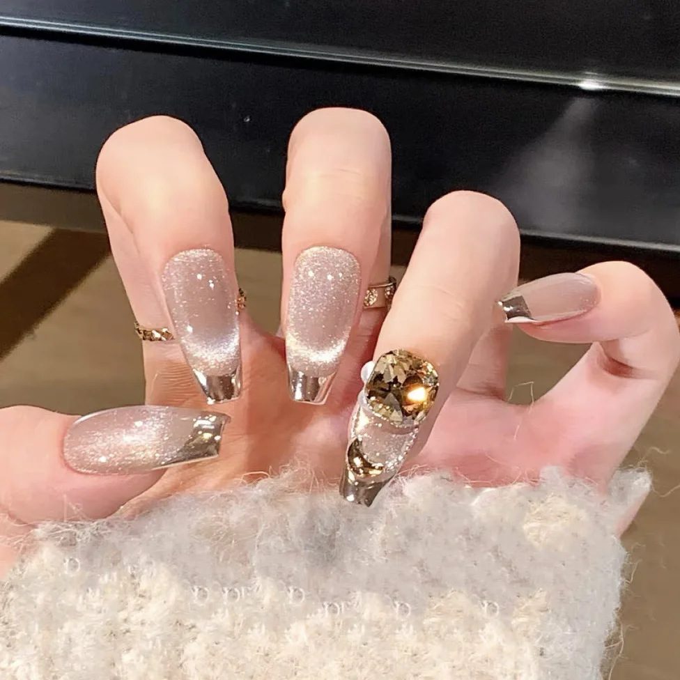 

10pcs French Tips Handmade Press on Nails Art Finished Nude Color Mid-length Ballet False Nails Sets Diamond Cat's Eye Fake Nail