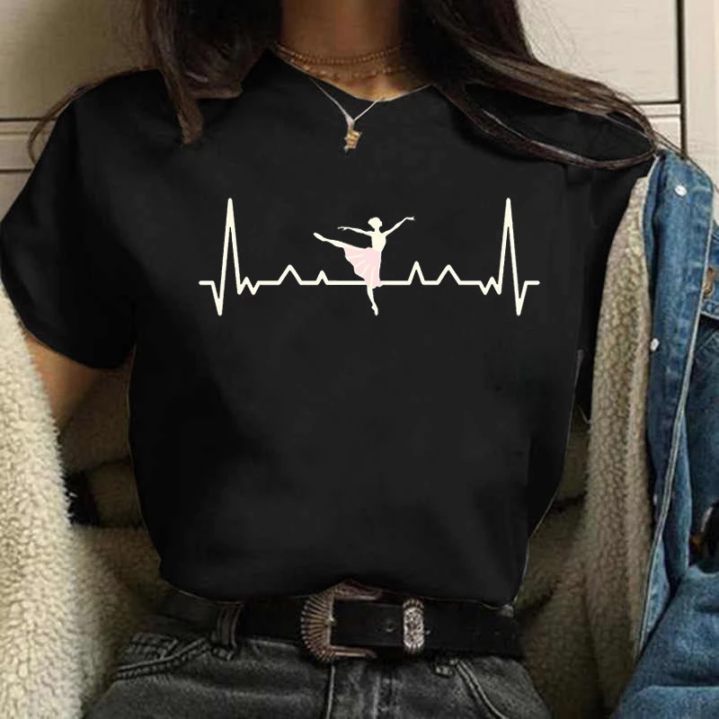 Ballet Black T-shirt Vintage Black Ballet Print Casual Top for Base for Women American Harajuku Sleeve Casual Aesthetic Clothes