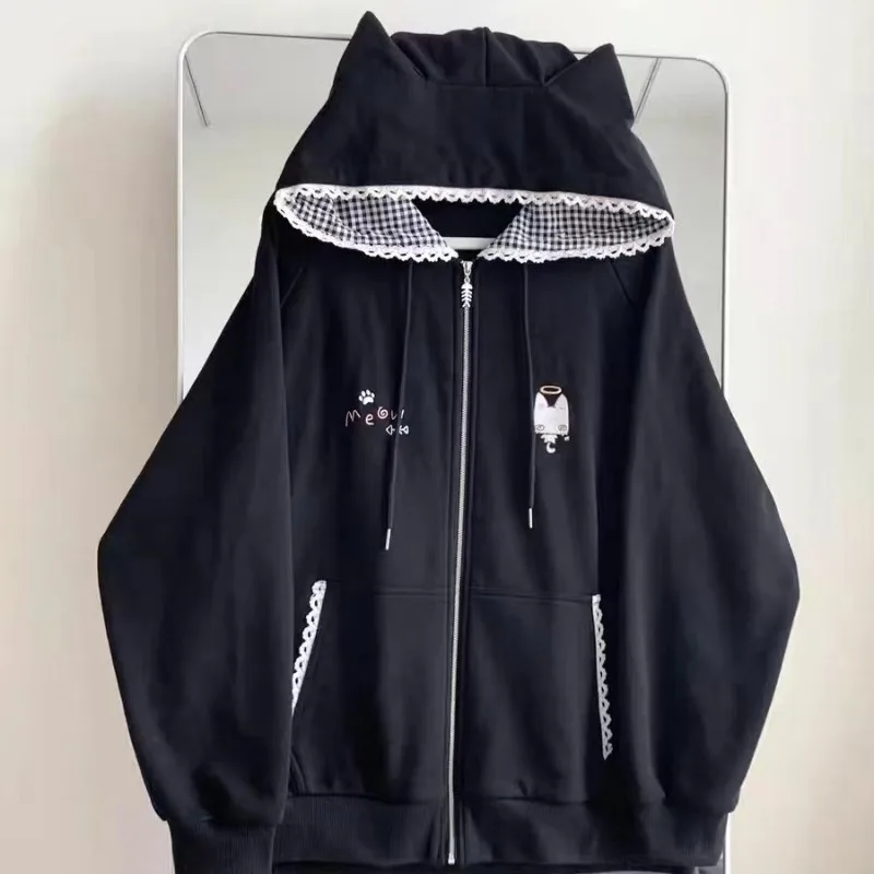 Kawaii meninas orelhas de gato preto jaquetas com capuz rua menina subcultura japonesa streetwear coreano bonito zip up moletom com capuz