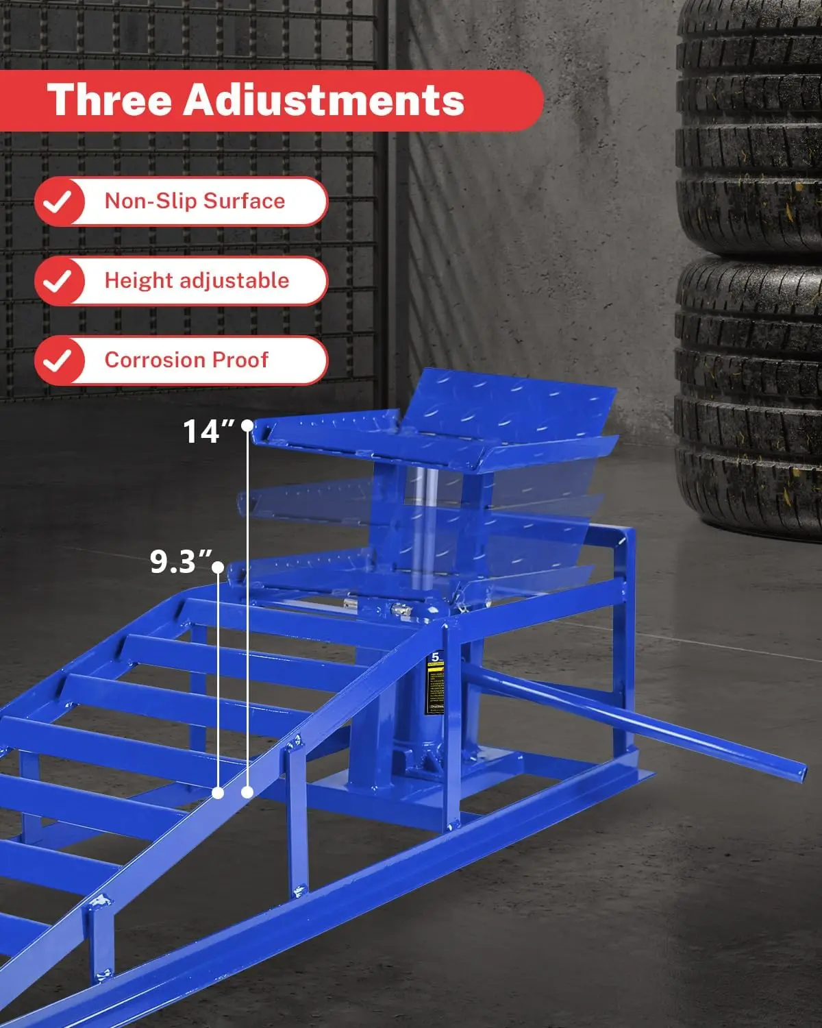 سلالم سيارة هيدروليكية متينة 5T سعة قابلة للتعديل 23.6-35.6 سم ارتفاع سلالم السيارة مع لوحة مثلثة غير قابلة للانزلاق سلسلة حلقية المسمار