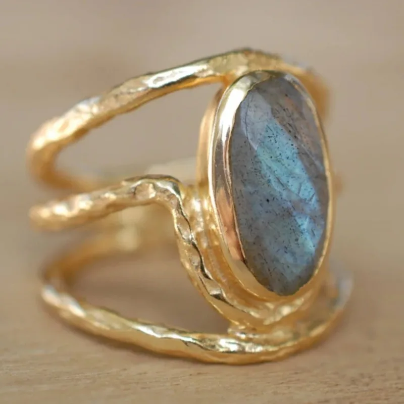 

Vintage Inlaid Stone Women's Ring Ethnic Gold Color Geometry Daily Wear Party Jewelry Anniversary Gift