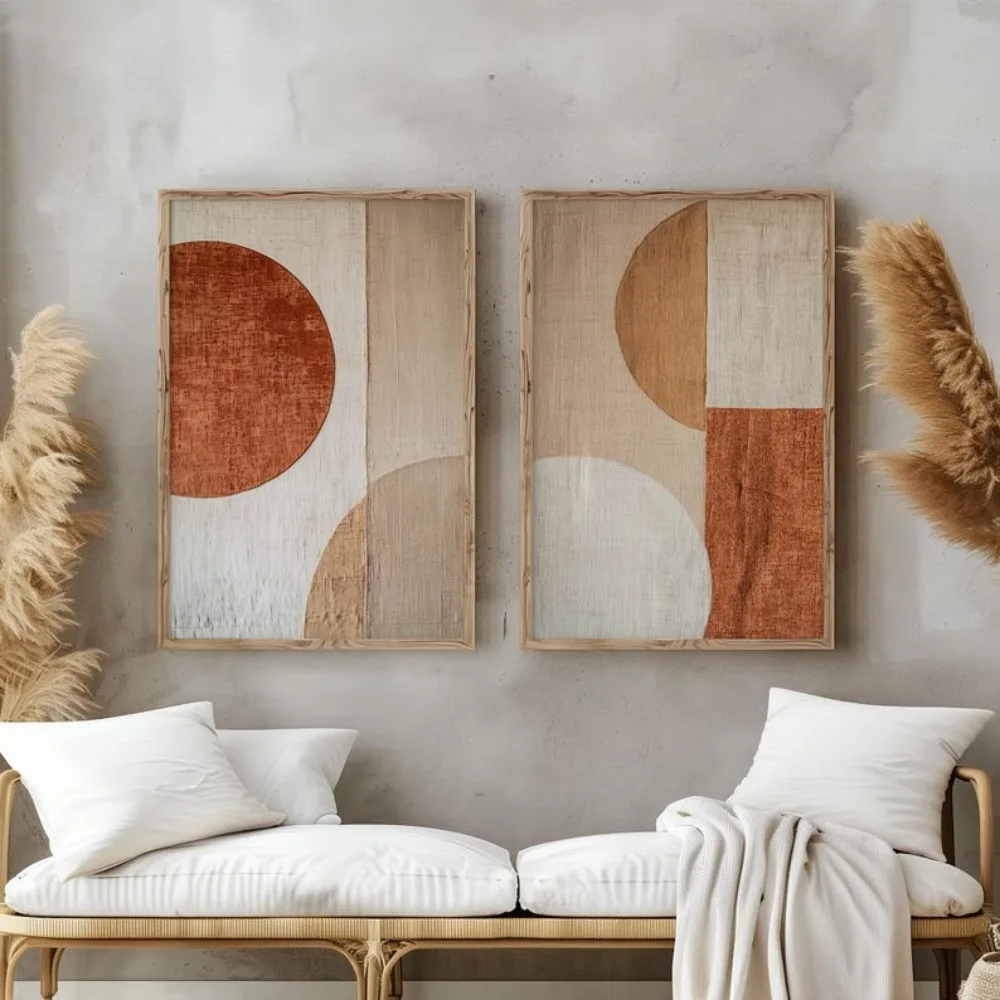 2 قطعة/المجموعة البيج مجردة هندسية كتلة اللون قماش طباعة الحد الأدنى الطين الفن الملمس الجدار ملصق فني لديكور غرفة المعيشة