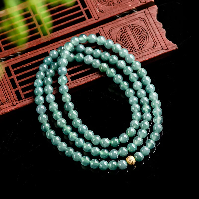 

6MM Jadeite Blue Water Jade Bead Necklace Three Loop Bracelet Ice Seed Jade Women's Necklace Wholesale