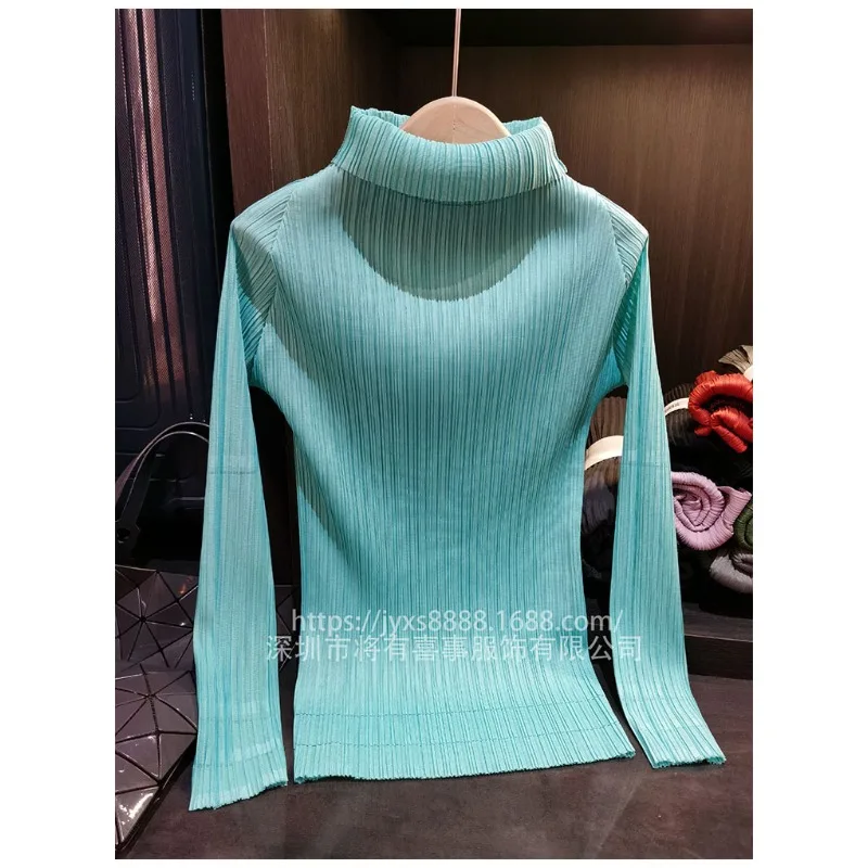 Miyake Pleated Solid Color Long-sleeved T-shirt Stand-up Collar Slim Fall Winter New Simple Commuter Bottoming Shirt Top Women's