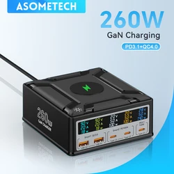 260W USB C GaN Charger Wireless Charger PD3.1 QC3.0 Fast Charger PPS 5-Port Fast Charging for MacBook Pro iPhone Samsung Laptop