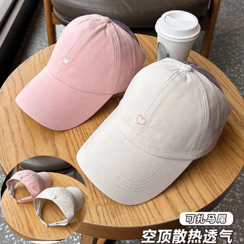 2024 Children Girls Ponytail Baseball Caps Sun Hats Baseball Caps Adjustable Solid Color Love Heart Designs Peaked Caps Hat