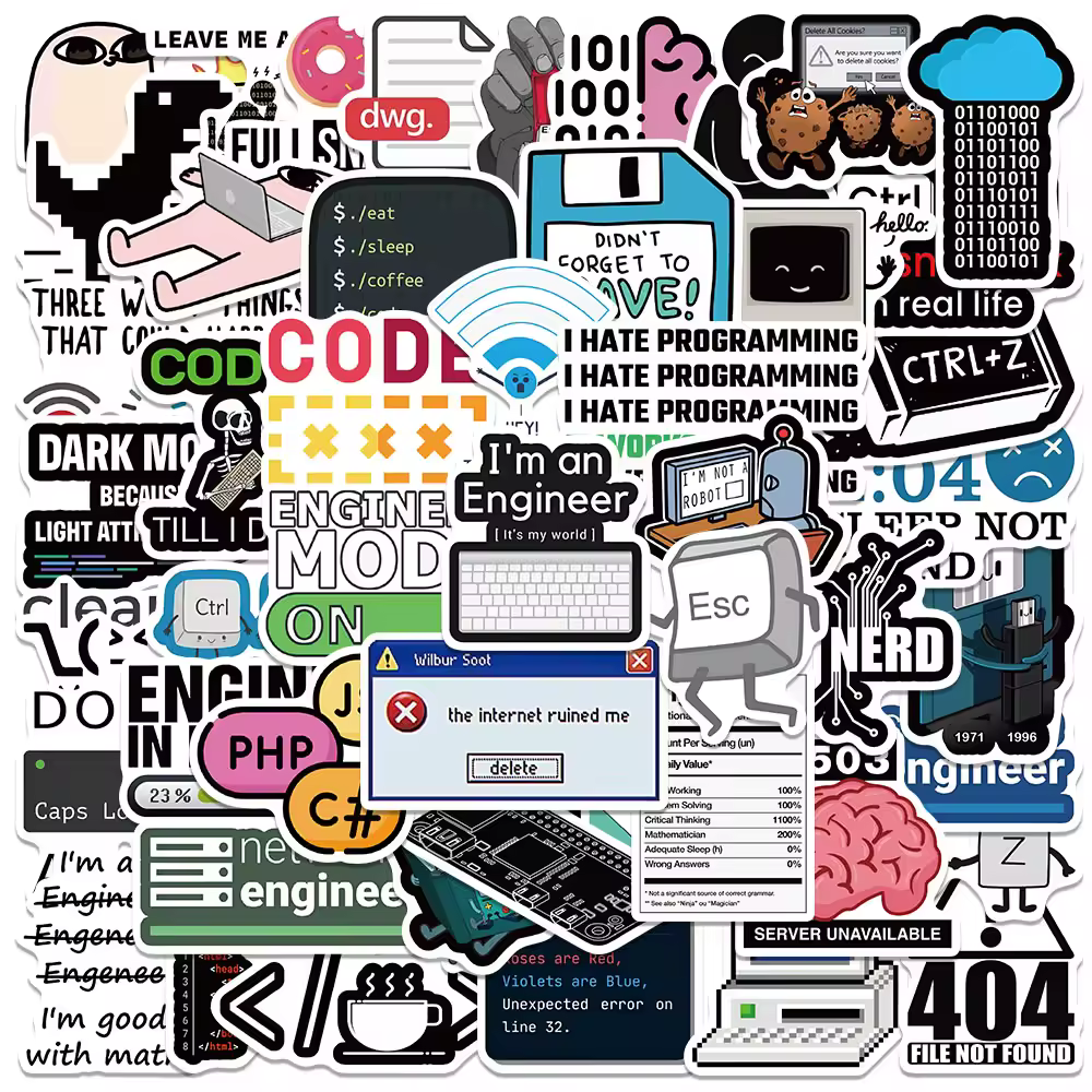 50 Uds. Pegatinas divertidas de ingeniero de Software de dibujos animados, calcomanías de programación IT para ordenador portátil, botella de agua, teléfono, Graffiti impermeable Geek