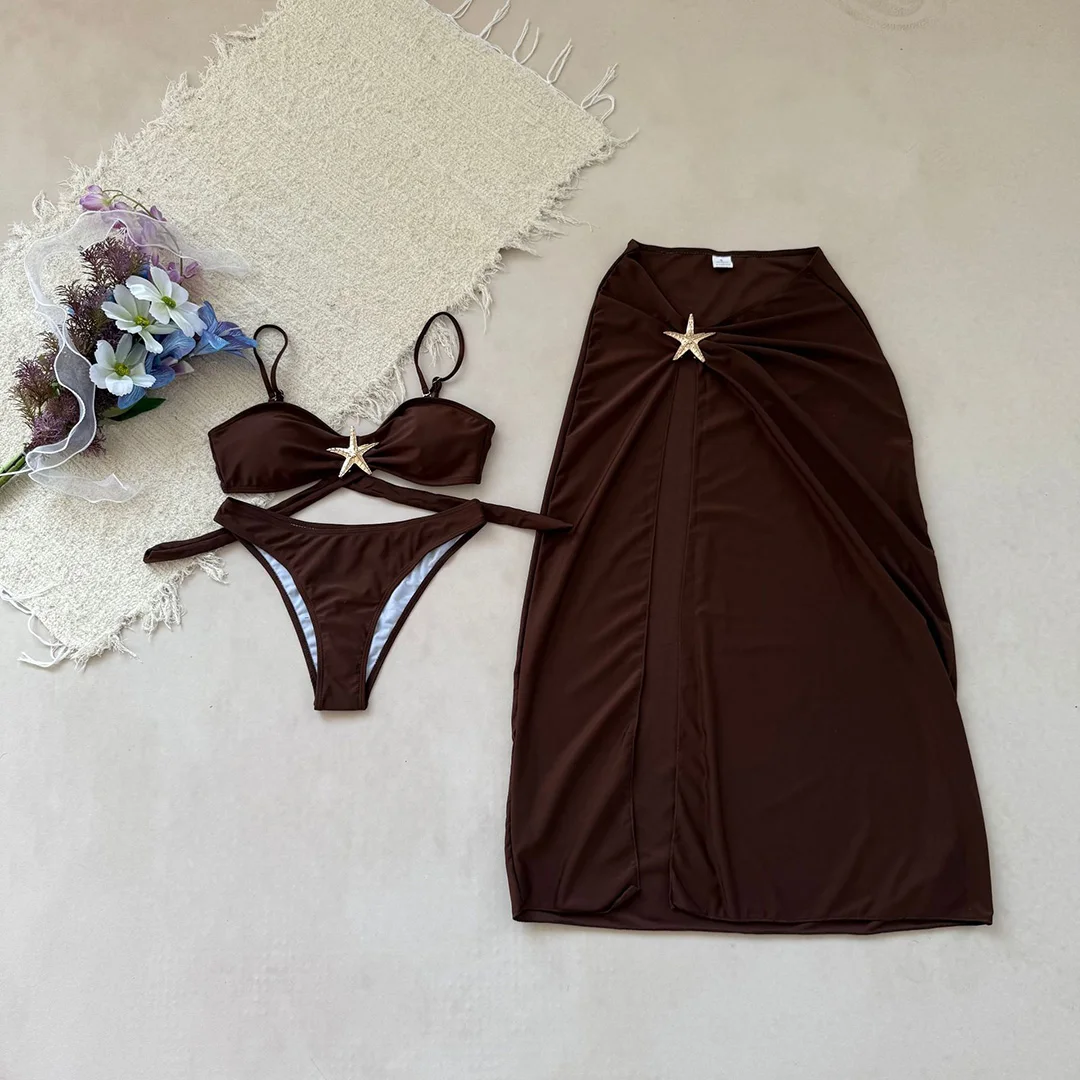 Metall-Stern-Bikini, Damen-Badeanzug, dreiteiliges Bikini-Set mit Rock, brasilianischer Badeanzug, Badebekleidung, Modell V7104C. – Detail 12
