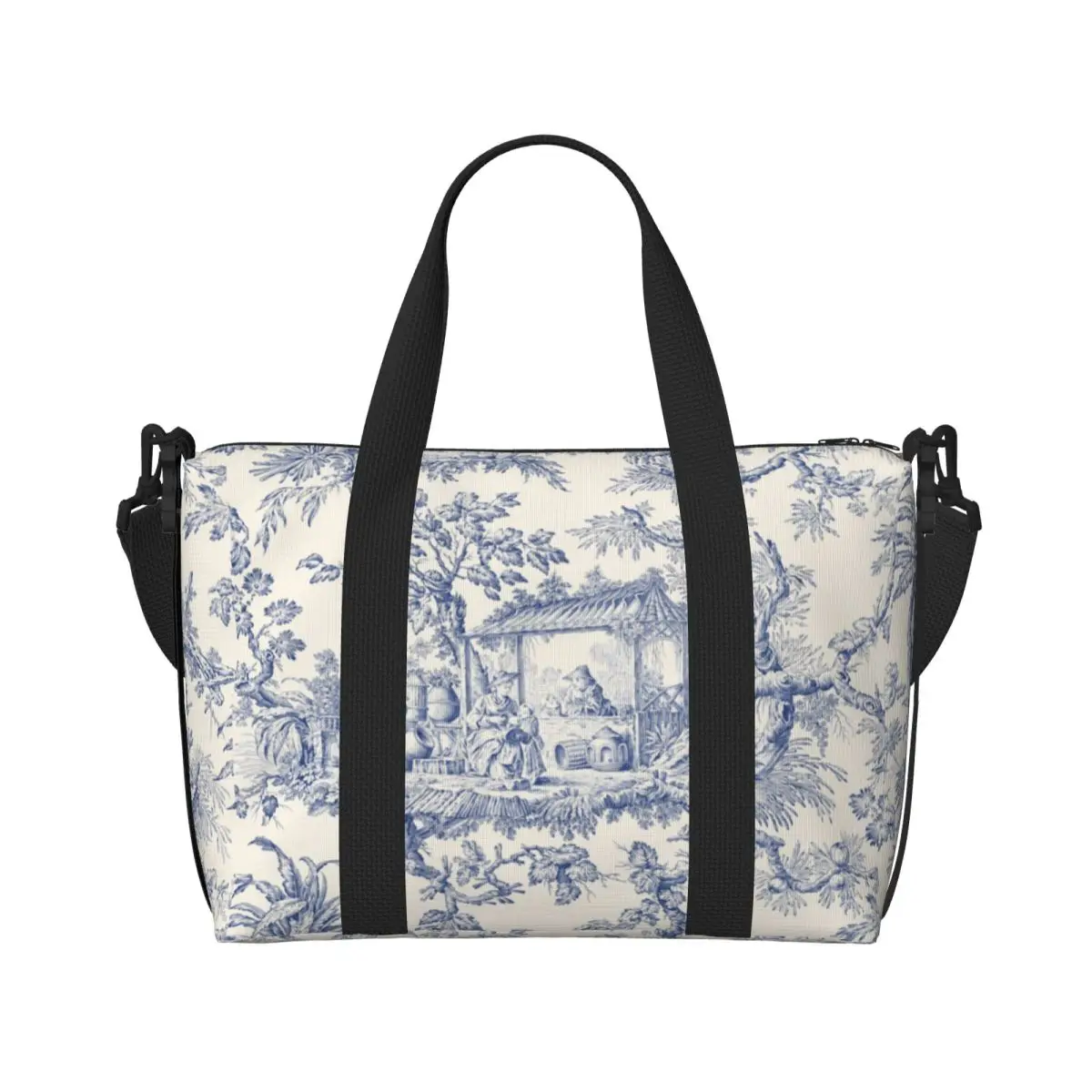 Custom Toile De Jouy Patterns Tote Bag Women Large Capacity French Motif Beach Gym Shoulder Travel Bag