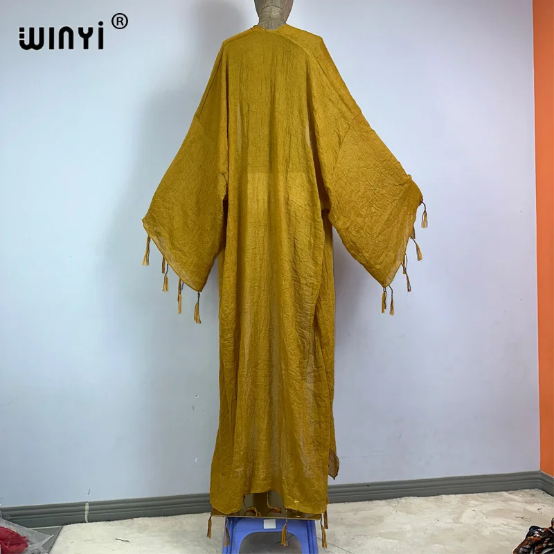 WINYI kimono Africa coat fashion kaftans beach cover-ups Fringed monochrome cardigan beach outfits for women vestidos para playa