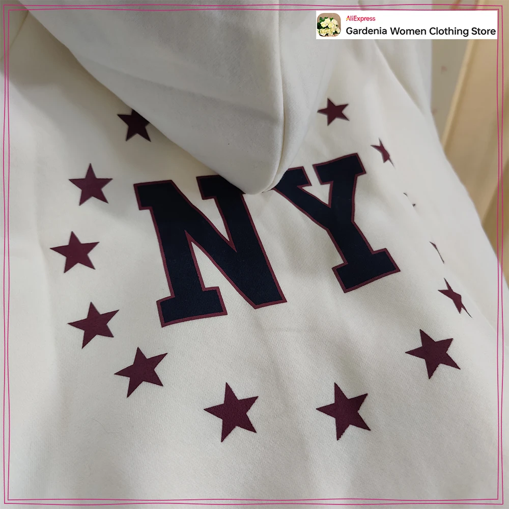 Women Adjustable Drawstring Hood Text Print Fall Outfit White Varsity New York Hoodie & Plush Trousers Aesthetic Baggy Pants Set