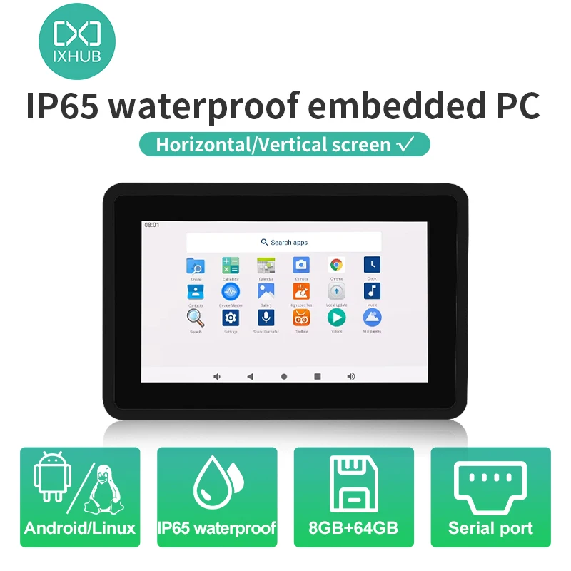 IXHUB 7Inch Andriod Linux Ubuntu Embedded LCD PC IP65 Waterproof USB, WIFI, Ethernet, RTC RS232 TTL RS485 Tablet for Smart home