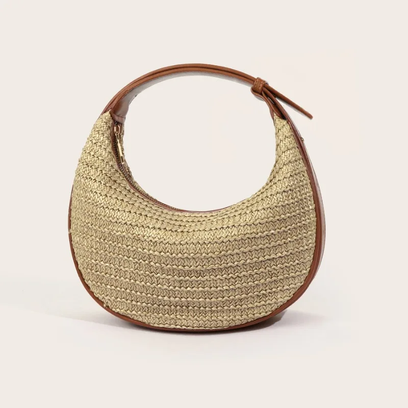 

Summer Fashion Straw Woven Half-Moon Handbag Strap Adjustable Crossbody Shoulder Bag for Woman Travel Commute Underarm Pouch