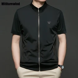 Zip Up Tshirts for Men Summer Sport Causal New Short Sleeve Top Thin Stand Collar Black T-shirt Slim Shirt Smooth Men's Clothing