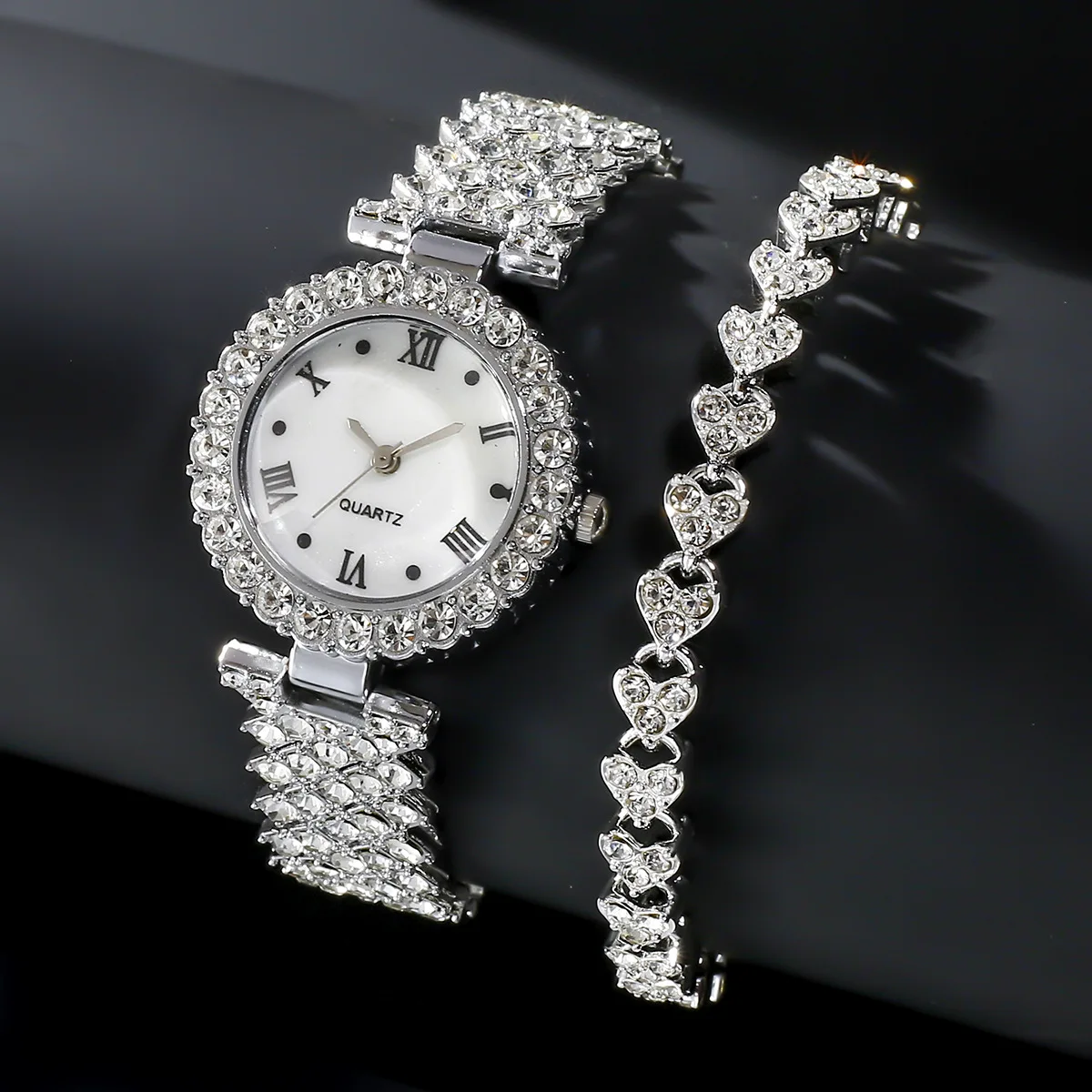 Nuevo reloj de mujer con diamantes, elegante reloj de cuarzo, esfera de diamantes popular, pulsera llena de diamantes, pulsera de corazón, pulsera de reloj de mujer, juego de 2 piezas