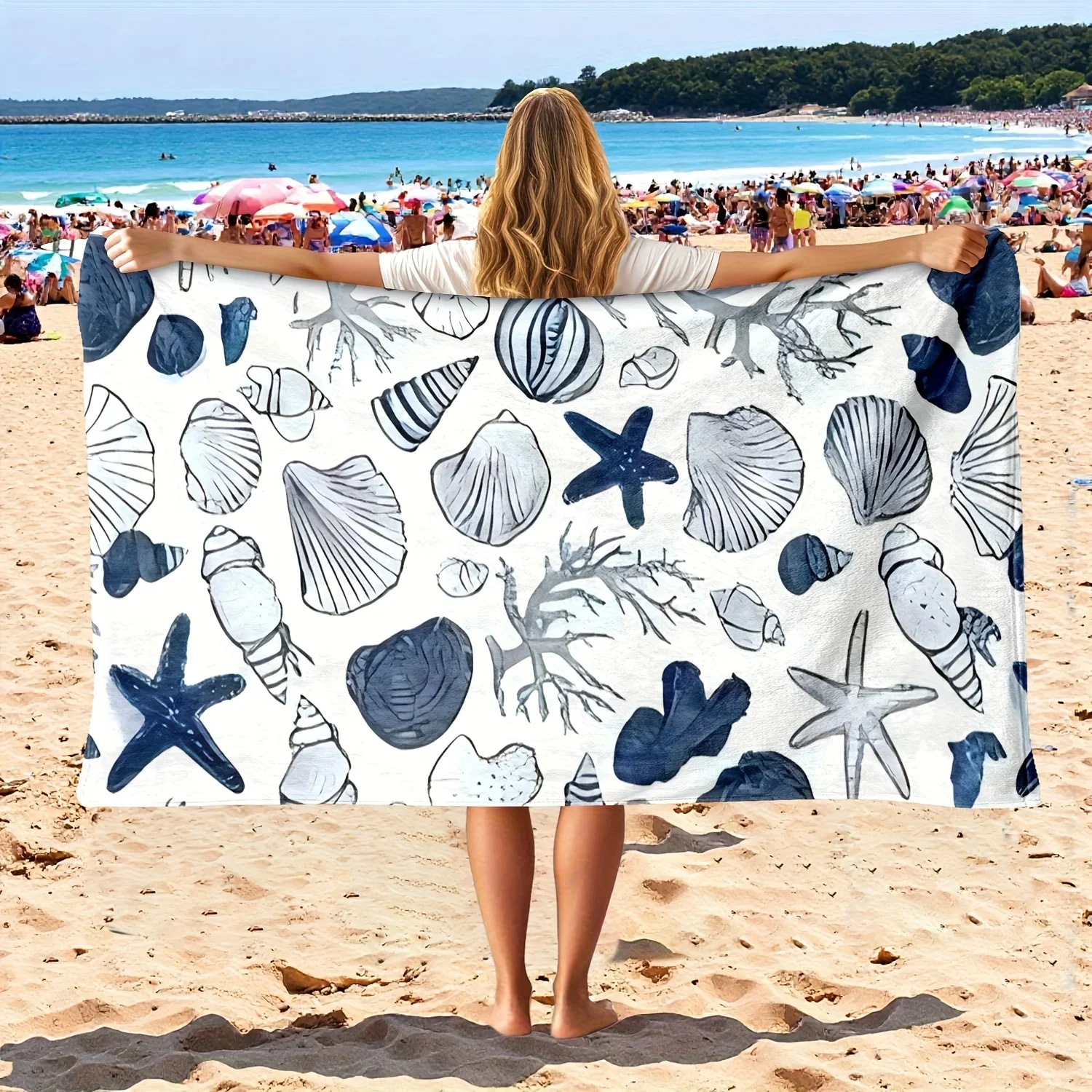1pc Blue seashell and starfish patterned bath towel, polyester fabric, machine washable, suitable for pool and beach use.