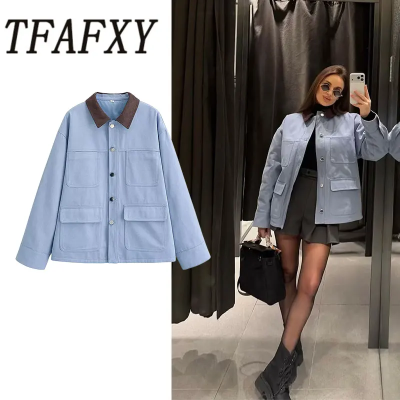 TFAFXY 2026 Frühling Damen Lose Jacke Langarm Einreihig Patchwork-Kragen Damen Trenchcoat Oberbekleidung Y2K