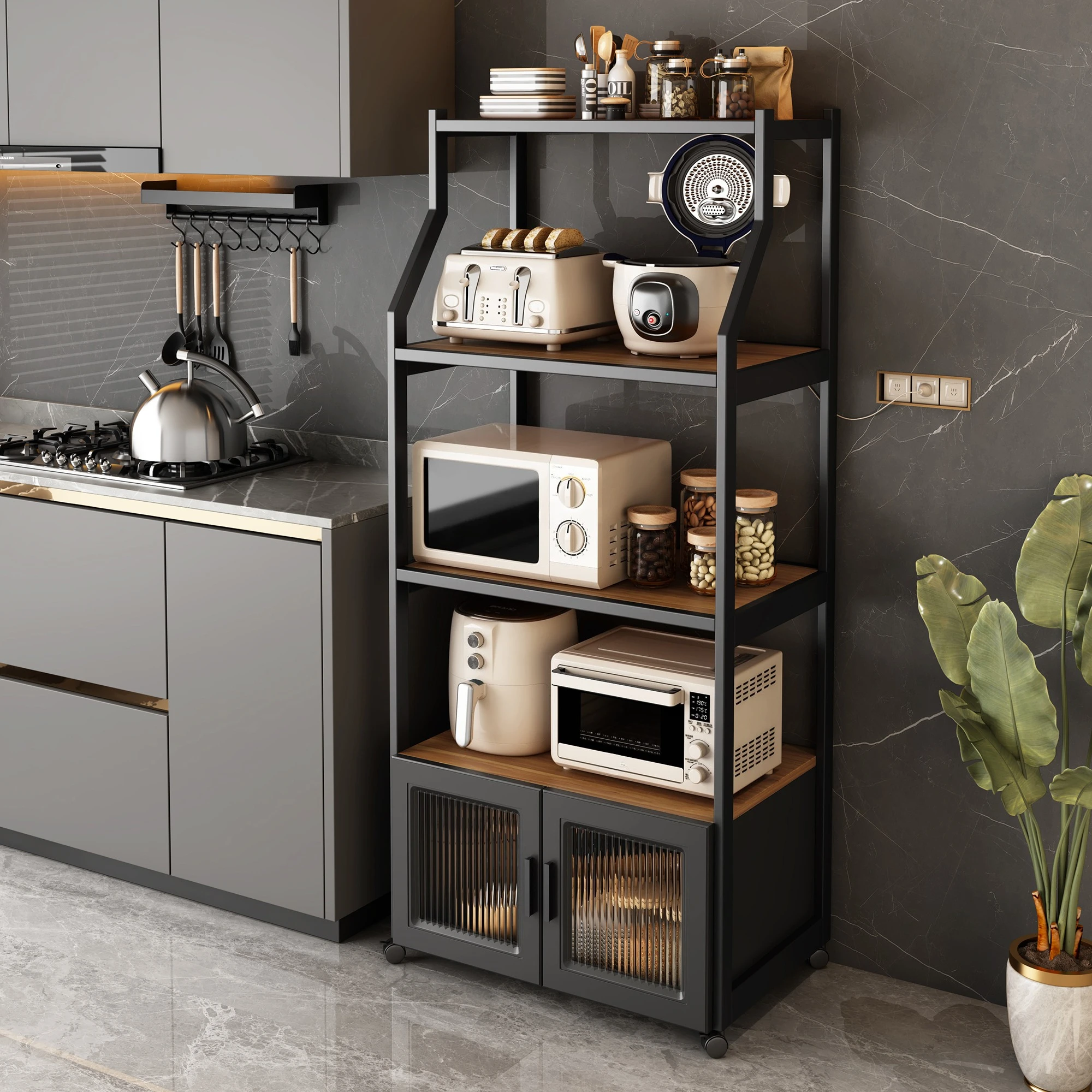 

Kitchen Shelves with Doors Lockers Ovens Microwave Pots Appliances Multifunctional Storage Cabinets