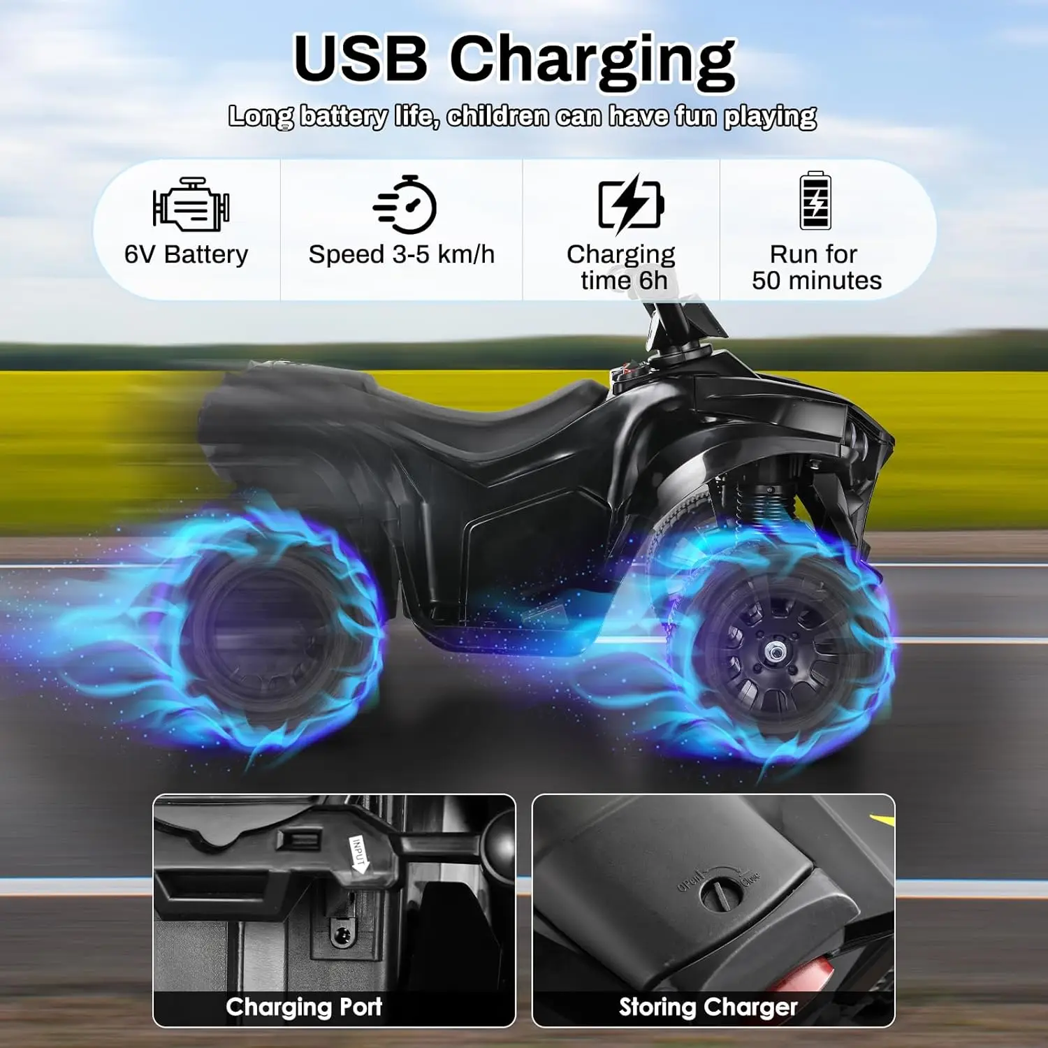 Kinder fahren auf ATV, elektrisches Gelände-Quad-Auto, 6 V, batteriebetrieben, mit Musik, Licht, Schwarz