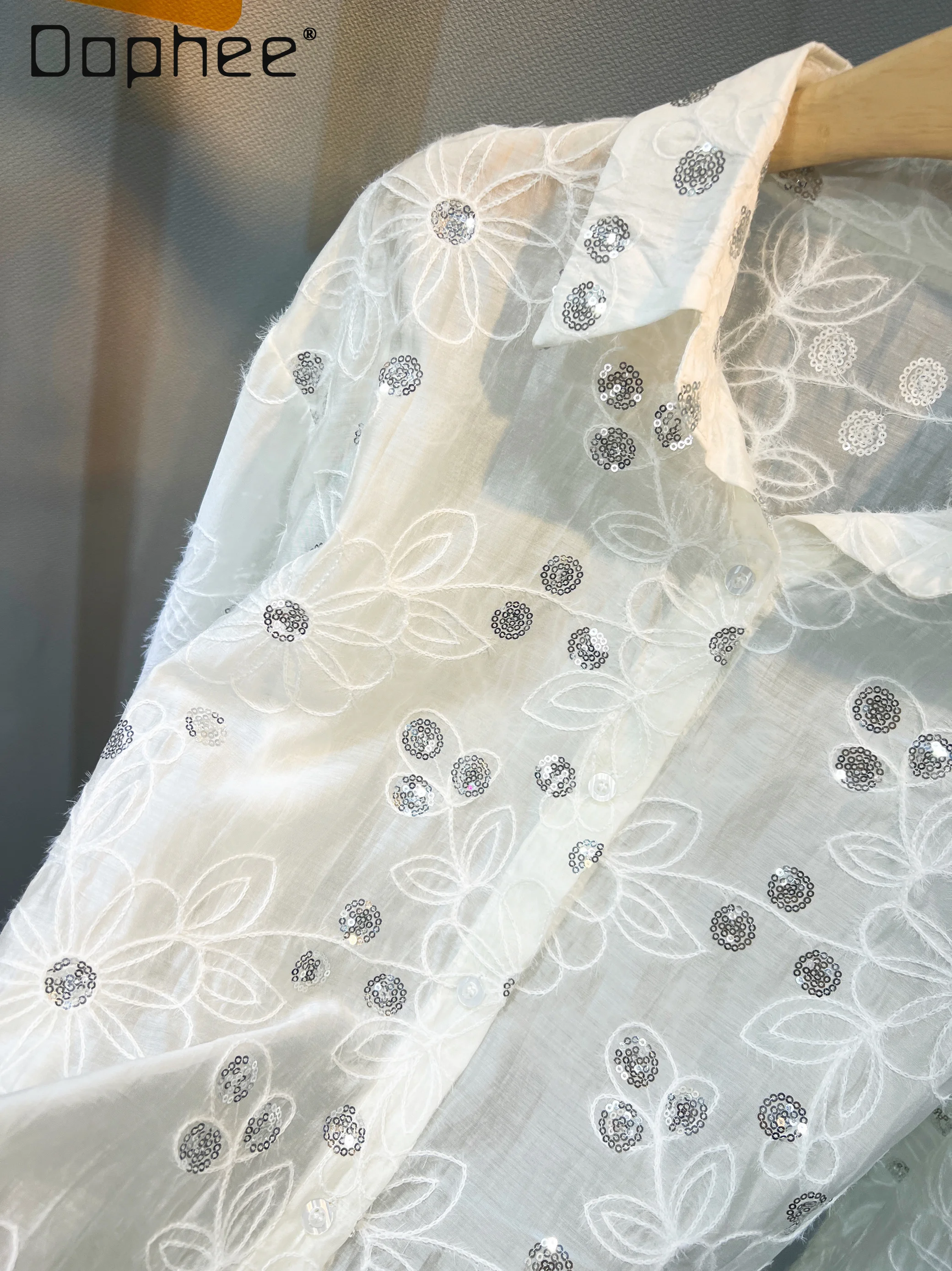 Heavy Industry Embroidered Shirt Women Fashion Sequins Loose Mid-length Versatile Temperament Top Summer Thin Long-sleeved Shirt