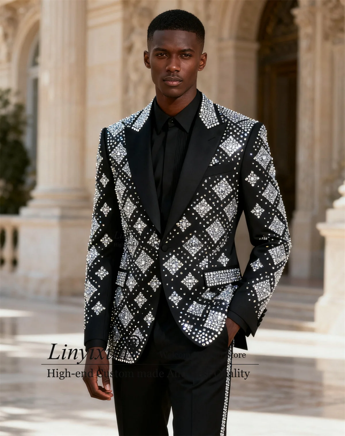 

Sparkly Crystal Rhinestones Men Suits 2 Pieces Sets Groom Male Blazers Customized Wedding Tuxedos Formal Slim Fit Ropa hombre