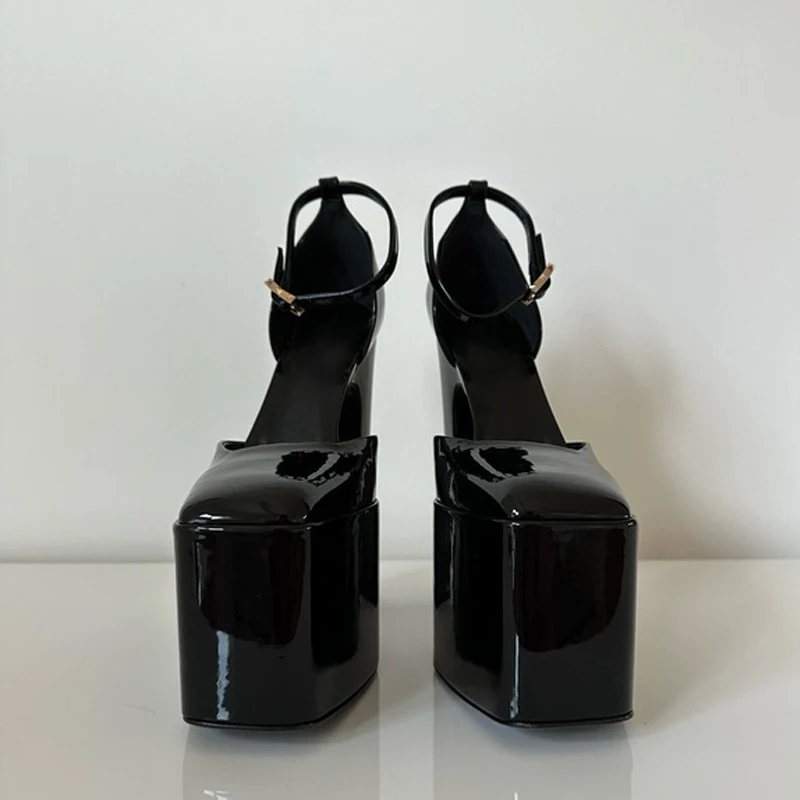 

Black Square Toe Platform Block Heel Pumps Woman 2026 Pink Closed Toe Thick Sole Buckles High Heel Sandals Shoes for Women
