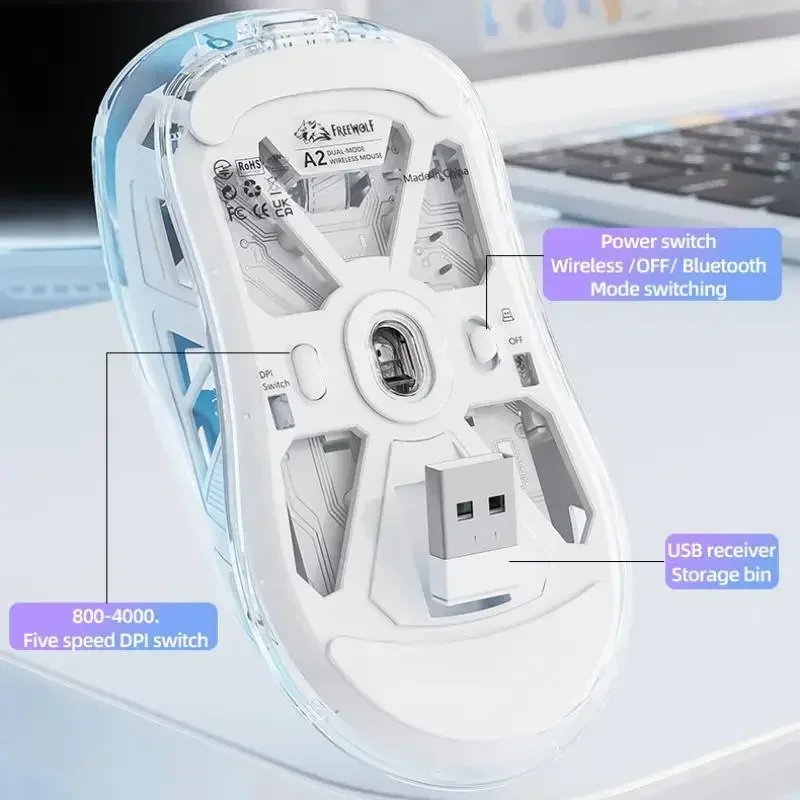 Ziyoulang A2 Wireless Bluetooth Dual Mode Mouse trasparente PAW3212 4000pdi Esports Mouse da gioco Laptop Office Gamer Accessori