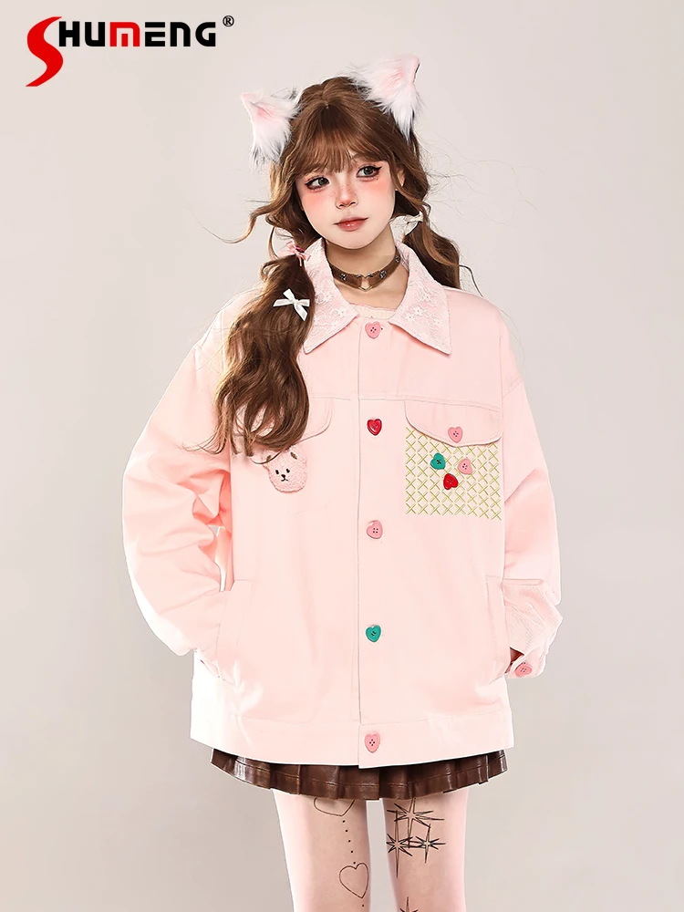 

Американская мода Highstreet Sweet Cool Girl Y2k Топ с лацканами в форме сердца и пряжкой Однобортные свободные повседневные куртки Пальто Женские весенние