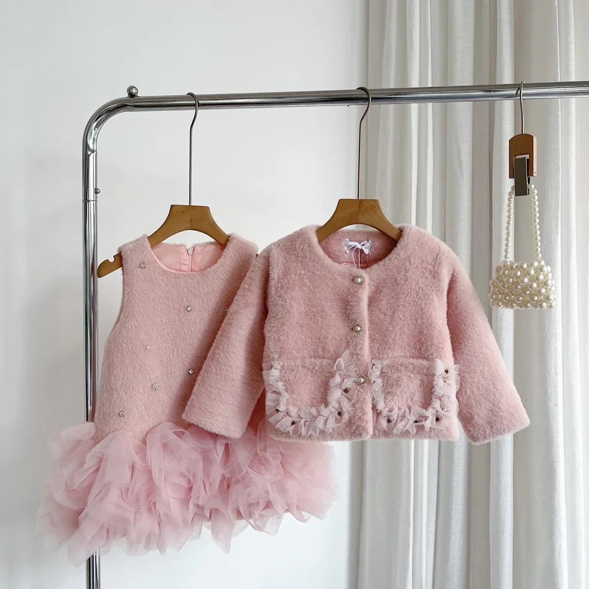 

Children's small fragrance anti-fur fur coat vest skirt set 100-140cm High-end girls' new winter dress set