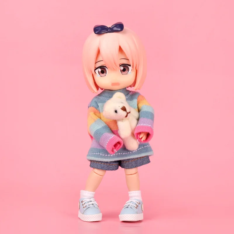 OB11 1/12 BJD GSC Rainbow Striped Doll Sweater With 3D Bear Rabbit Doll Pendant Doll Knit Top Doll Clothes Accessories Gift