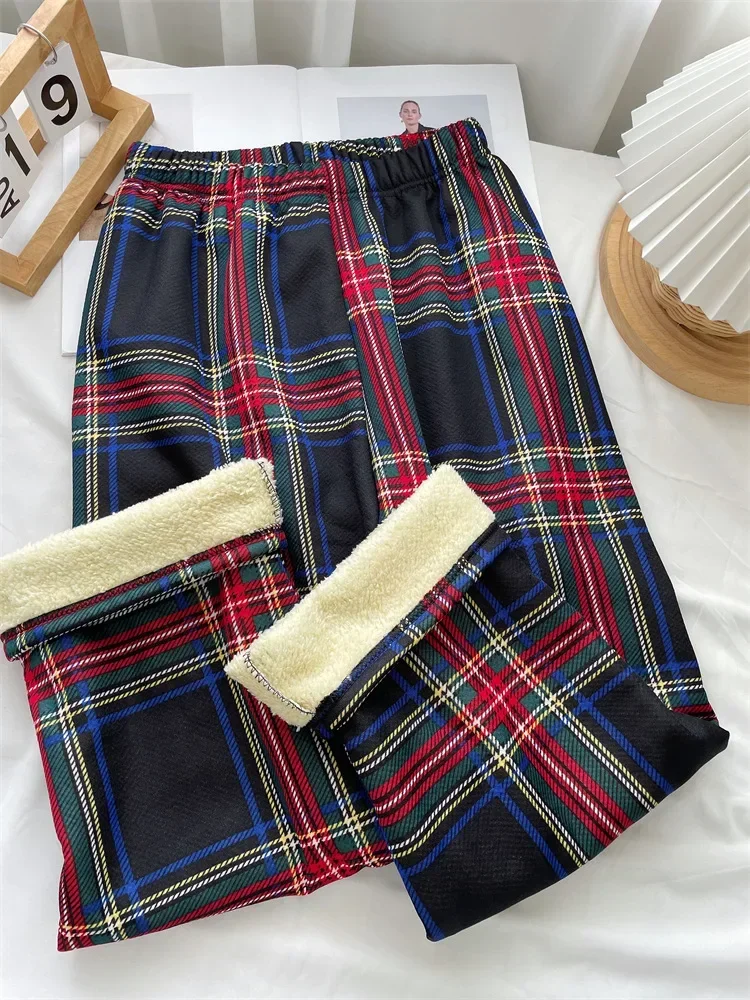 Hochgeschnittene Karierte Weite Hose für Damen Fleece-Gefüttert Verdickt Warm Locker Sitzend Winter Lounge-Hose Lässiger Komfort – Detail 4