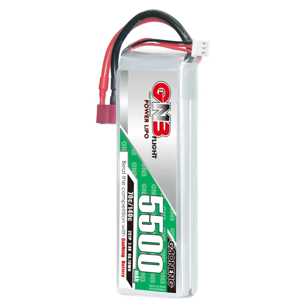 GAONENG GNB 2S 7.4V 5500mAh 70C lithium battery with T plug, suitable for FPV drones and quadcopters.