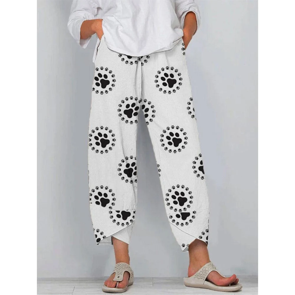 

CLOOCL New Women Pants Wide Leg Pants Loose Casual Pockets Pants Cute Cat Paw Print High Waist Slacks Spring Autumn