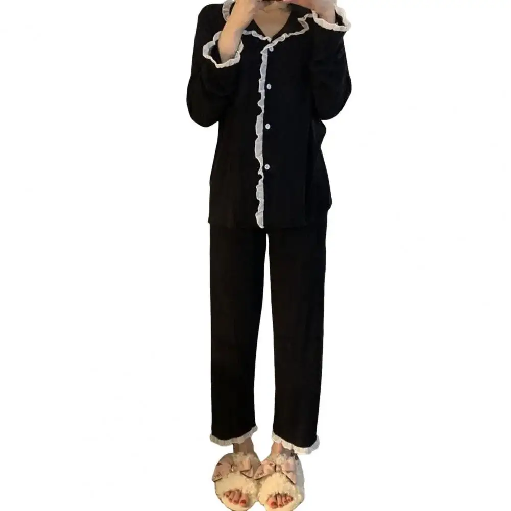 Sleep Outfit Cozy Ruffle Pajama Set with Cardigan Top Wide Leg Pants for Women Fall Winter Sleepwear Ensemble for Home Wear Cozy