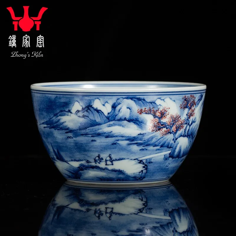 

Zhongjia Kiln Master Cup Single Cup Jingdezhen Handmade Tea Cup High-End Tea Set Hand Painted Blue and White Wood Kiln Snow Scen