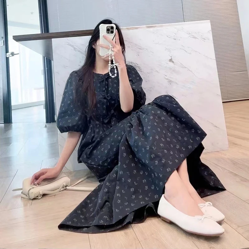 

Black Floral Clip Bubble Sleeve Short Sleeve Shirt Half Skirt Long Dress Set Women's Anti-Aging Summer Fashion Ense...