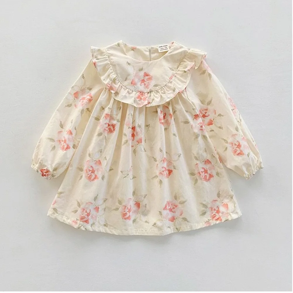 French Style Girls' Floral Dress Long Sleeved Loose 2024 Spring Summer Sweet Baby Doll Gentle Little Girl Stylish Princess Dress