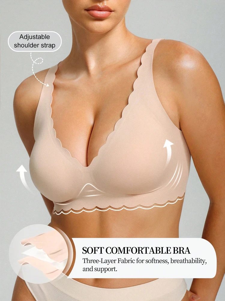 Damen-BH mit Wellenrand, kabellos, nahtlos, bequem, mit herausnehmbaren Polstern, verstellbaren Trägern, rückenfrei, atmungsaktiv, Bralette
