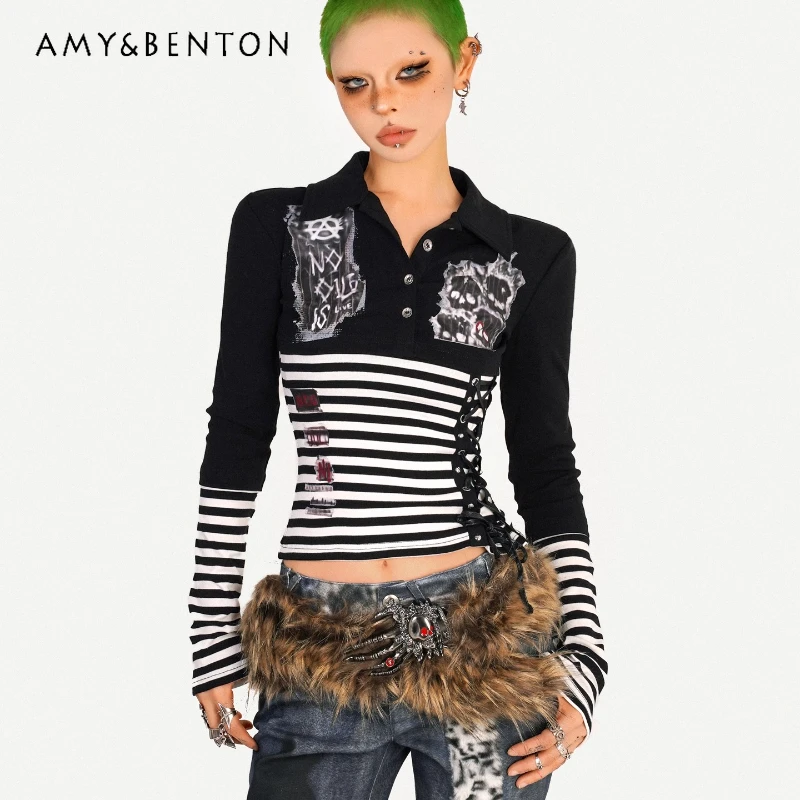 

Женский топ с длинными рукавами в полоску с принтом Y2K в стиле панк, осенняя новая милая крутая универсальная женская футболка с отложным воротником