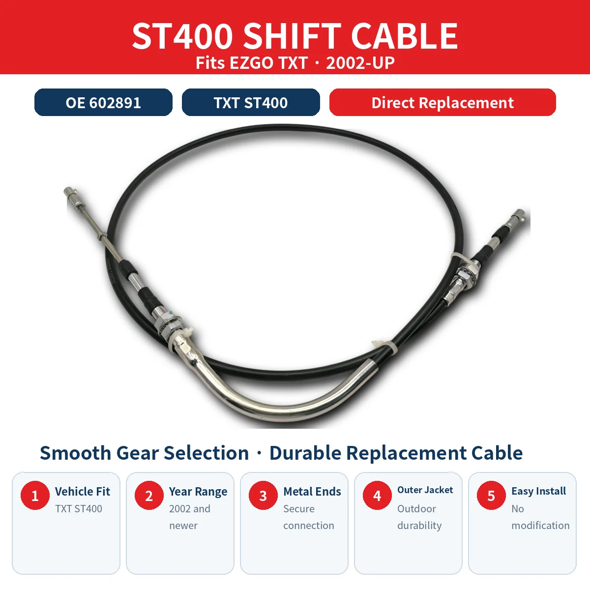 EZGO TXT Golf Cart Forward Reverse Shift Cable 2002-UP, Gear Shift Cable for ST400 Electric Cart OEM#602891
