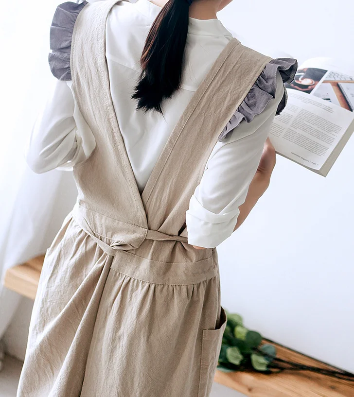 レトロなツートーンのフリル付き田舎風コットンとリネンのエプロン、女性用かわいいガーデニング作業服 H1