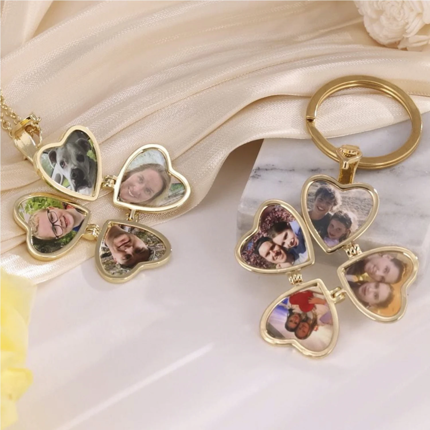 Personalized 4 Photos Heart Pendant Keychain Stainless Steel Key Ring Hypoallergenic Mother's Day Gift for Mom Birthday  Gift