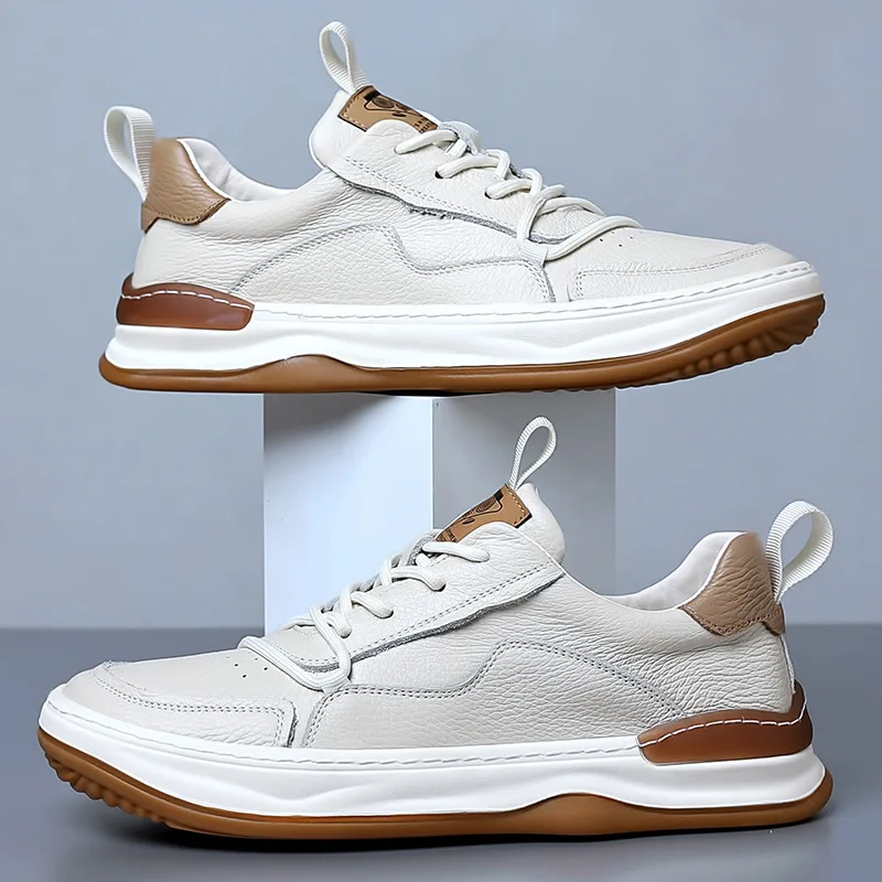 Men's Genuine Leather Casual Sneakers Top Grain Cowhide Platform Sole Breathable Comfortable Clown Style Fashion Derby Shoes