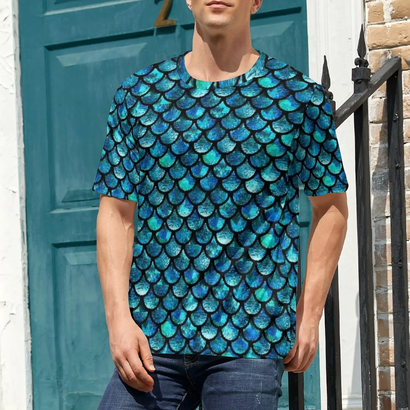Aqua Glitter Mermaid Scale Print T-Shirt  Fashion T Shirts Male Casual Tshirt Summer Short Sleeves Design Top Tees Large Size