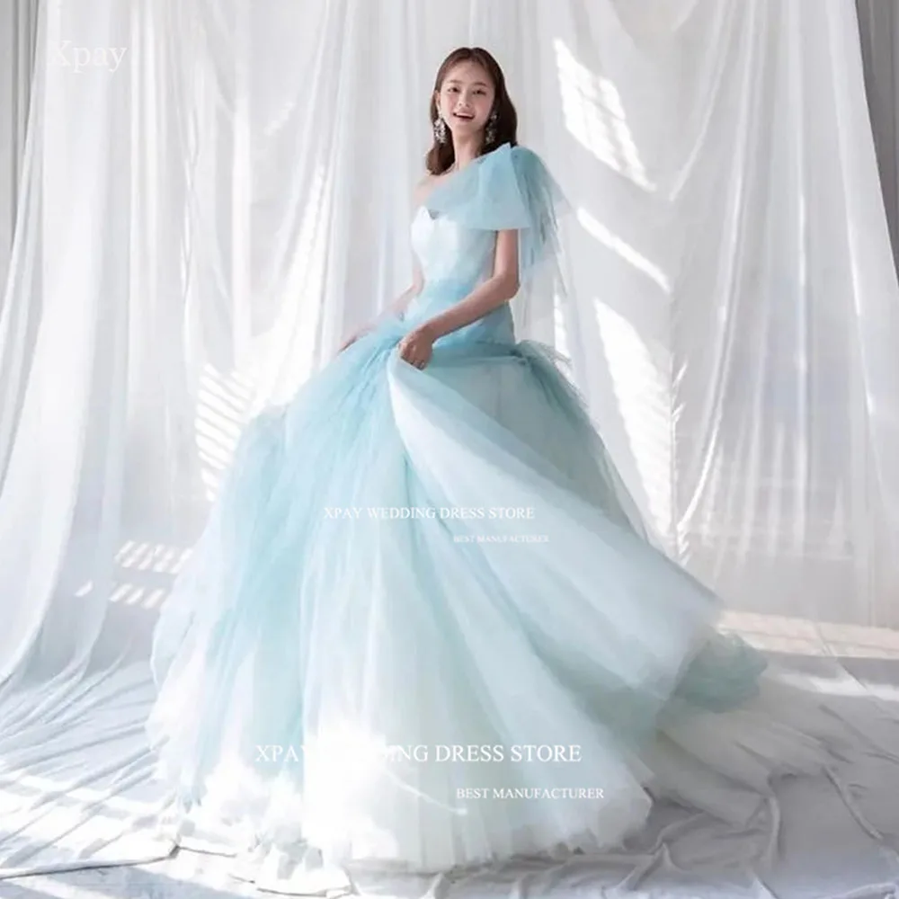 XPAY Sweetheart Korea Evening Dresses One Shoulder Ruched Draped Tulle Formal Party Prom Gown For Wedding Photos Shoot Custom