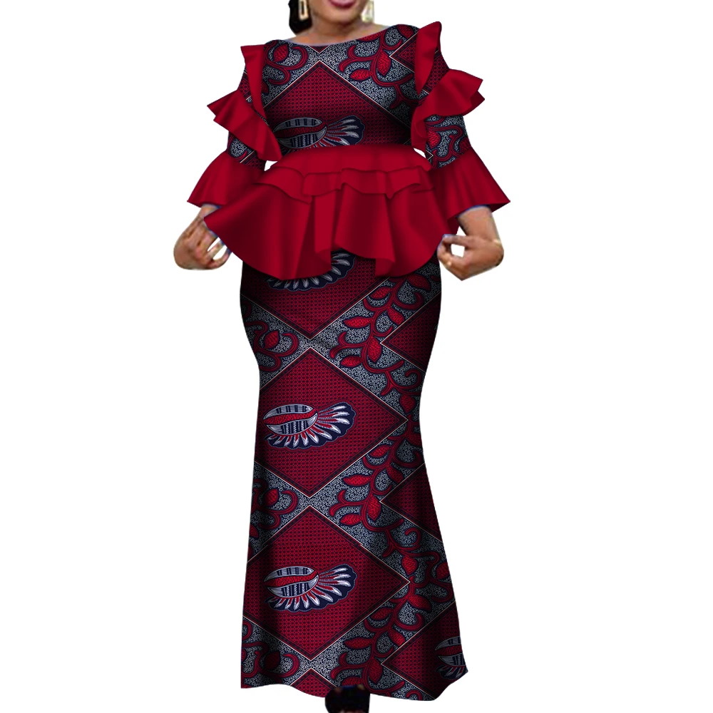 African Two Piece Outfits Set for Women Fashion Dashiki Ruffle Dashiki African Clothes Bazin Plus Size Clothing for Party WY4142
