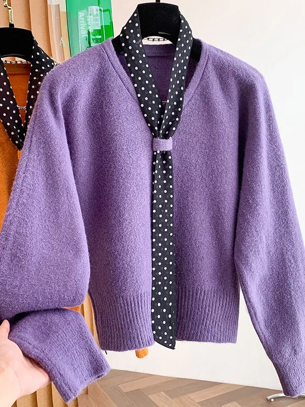 

Authentic Polka Dot Scarf Ne Hanging Sweater Women Autumn Winter Soft Cozy Knitted irt Sli Beautiful Top for Girls